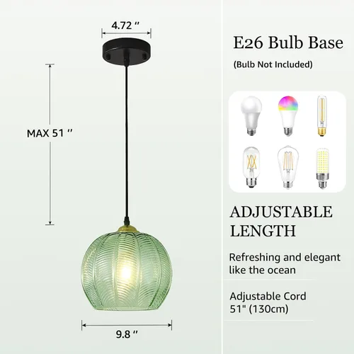 Miniatura 3 de Lámpara Colgante de Cristal Verde, Iluminación Colgante de Globo Grande Individual de 9.8 Pulgadas Nórdica Acanalada para Techo Colgante, Lámpara
