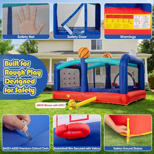 Miniatura 7 de Casa inflable de baloncesto extragrande para niños grandes de 8 a 12 años, castillo hinchable inflable de 16 pies con tobogán y aros dobles, puente