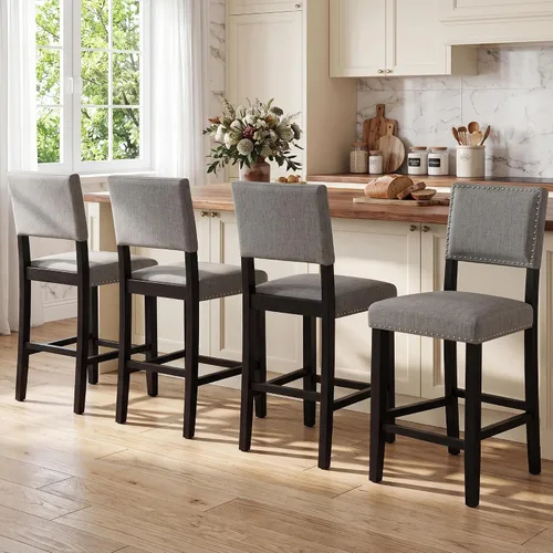 Miniatura 13 de LSSBOUGHT Taburete de bar tapizado de tela de lino con patas de madera de goma, silla de bar con ribete clavado para isla de cocina