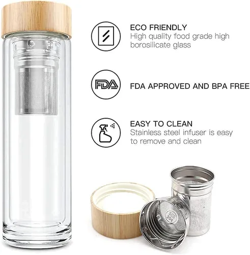 Miniatura 3 de Botella de té COMI, 14 oz, vidrio de borosilicato, de doble pared, con infusor y colador, tapa de bambú, 400ml