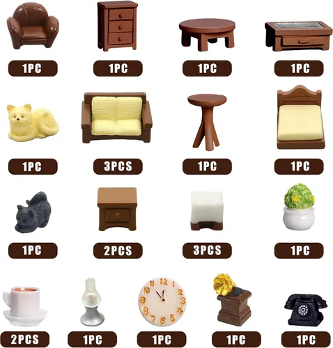 Miniatura 4 de Kit de 23 piezas de mini muebles marrones para casa de muñecas, accesorios de decoración DIY que incluyen juego de comedor, sala de estar