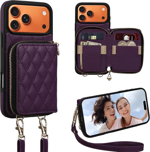 Miniatura 16 de Funda tipo cartera para iPhone 15 de 6.1 pulgadas, bolso cruzado con cremallera y correa para la muñeca con cordón para mujer, tarjetero con bloqueo