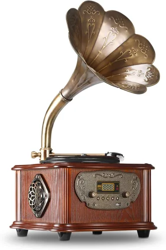 Reproductor de Discos Retro Tocadiscos Todo en Uno Fonógrafo Vintage Gramófono Nostalgico para LP con Bocina Integrada de Bronce, Entrada Auxiliar