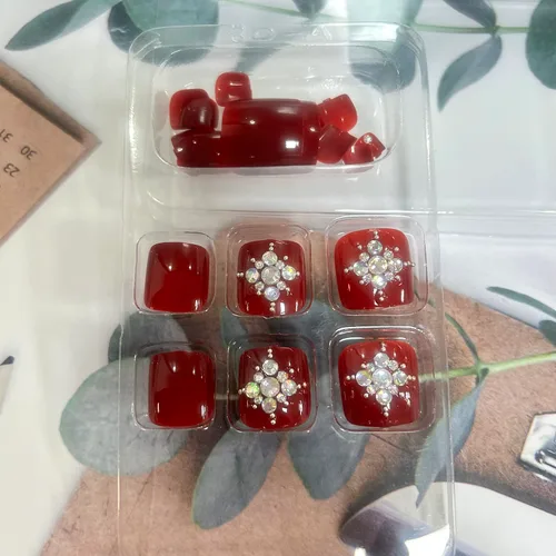 Miniatura 3 de Uñas cortas cuadradas a presión, puntas de uñas reutilizables de cobertura completa con pegamento, uñas adhesivas con diseños de diamantes