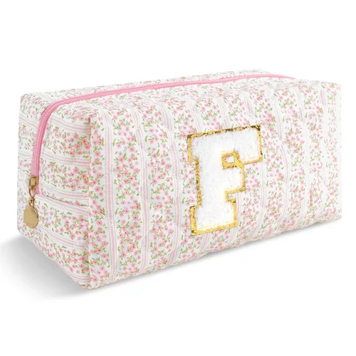 Miniatura 82 de Pequeña bolsa de maquillaje personalizada con inicial A-Z Preppy Patch, bolsa de cosméticos de viaje de felpilla blanca con cremallera, bonita bolsa
