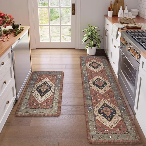 Miniatura 103 de KIMODE - Juego de 2 tapetes de cocina bohemios, antifatiga, antideslizantes, impermeables, ergonómicos, acolchados, cómodos, para lavandería, Caqui