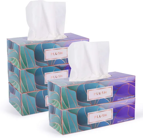 Pañuelos faciales de felpa de 130 por caja, tamaño de 7 x 6.9 pulgadas, 2 capas, suaves, lisos, ideales para baño, escuela, hogar, cocina o en tu