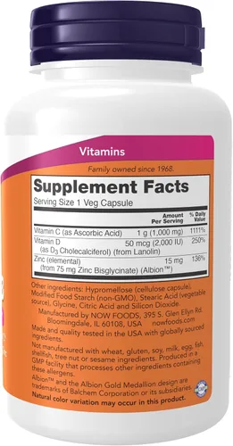 Miniatura 2 de Now Supplements, C-1000 Zinc & D-3, apoyo inmunológico estacional*, 100 cápsulas vegetales