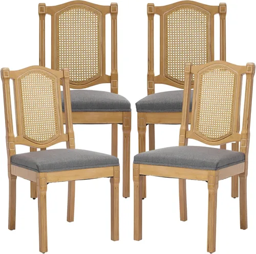 Miniatura 53 de Juego de 2 sillas de comedor de campo francés, sillas de comedor de madera de granja beige, silla de comedor con respaldo tejido con cojín tapizado