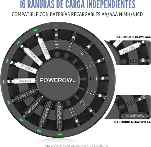 Miniatura 2 de POWEROWL 16 Bay AA AAA cargador de batería (actualizado, carga de alta velocidad) con luz LED inteligente y enchufe, para baterías recargables NIMH