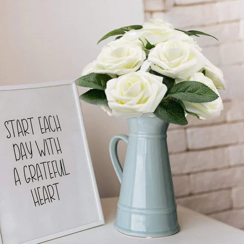 Miniatura 5 de Higfra Flores artificiales, 25 unidades, rosas falsas de aspecto real con tallos para ramos de boda, centros de mesa de baby shower, arreglos Crema