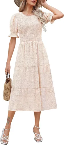Zattcas Vestido casual de verano 2023 para mujer, manga corta abombada, bohemio, fruncido, escalonado, modesto, floral, vestido midi con bolsillos
