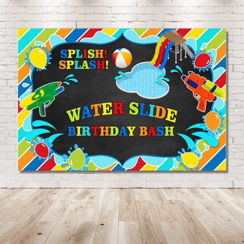 Miniatura 6 de MEHOFOND Tobogán acuático para niños, telón de fondo de fiesta de cumpleaños, salpicaduras, pizarrón, fiesta, verano, piscina, pistola, fondo