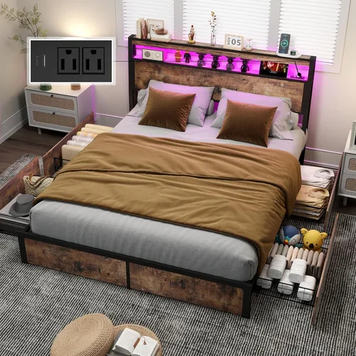 Miniatura 8 de Fabulis Marco de cama tamaño completo con 4 cajones de almacenamiento y cabecero con estación de carga y luces LED, almacenamiento de cabecero