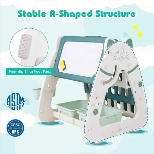 Miniatura 4 de Costzon Caballete de arte 3 en 1 para niños, pizarra magnética de borrado en seco de doble cara y estante para libros para niños con silla