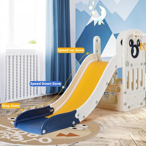 Miniatura 3 de Arlopu Juego de tobogán 6 en 1 para niños pequeños, tobogán resistente para niños con aro de baloncesto y telescopio, pasos antideslizantes, juego