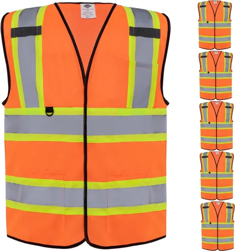 Miniatura 7 de Dazonity Chaleco de seguridad con múltiples bolsillos, 5 piezas, reflectante y de alta visibilidad para el trabajo, construcción, estacionamiento