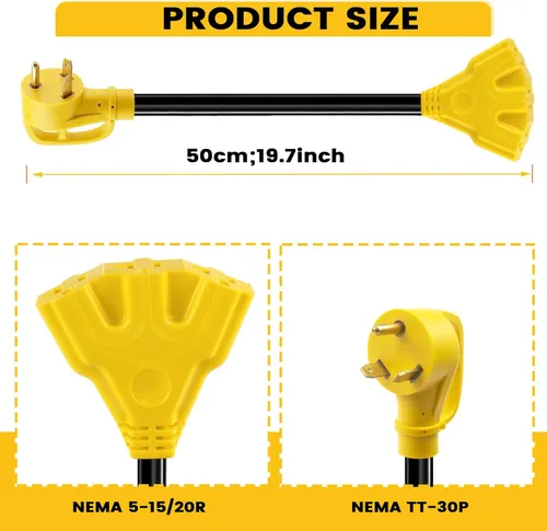 Miniatura 8 de Adaptador de 30 amperios a 20Amp 110V – Enchufe de distribución RV de 1.5 pies NEMA TT-30P macho a 3X 5-15/20R hembra RV cable adaptador