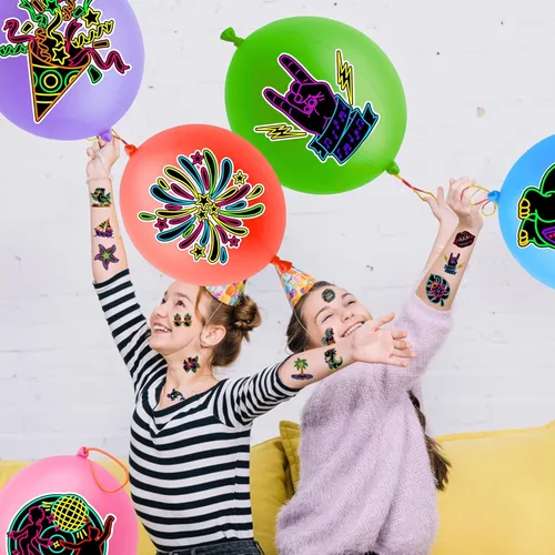 Miniatura 2 de 72 piezas de recuerdos de fiesta de neón, 48 tatuajes temporales precortados y 24 globos de neón con temática de decoración de fiesta de cumpleaños