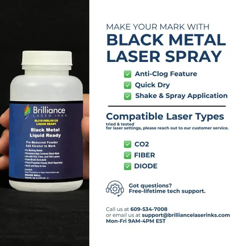Miniatura 2 de Polvo de Marcado Láser Listo para Uso - Brilliance Laser Inks - BLI101MBLIQ120 - Tinta Láser Negra para Marcado en Metales con CO2/Fibra/YAG