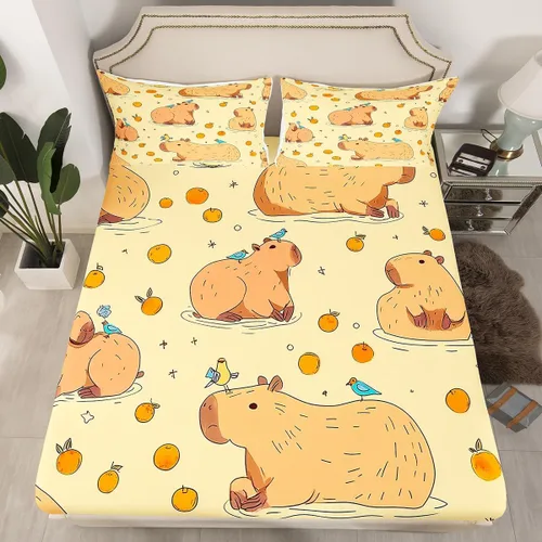 Miniatura 11 de Sábana bajera ajustable de Capybara de dibujos animados tamaño individual para niños, bonito juego de cama de Capybaras marrón para niños y niñas
