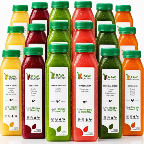 Limpiador de jugo de 7 días por fuente cruda, sabores tropicales, todos naturales crudos, jugos de frutas y verduras prensados en frío, limpieza