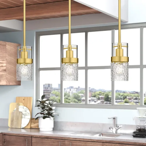Miniatura 2 de LMS Paquete de 2 Luces Colgantes Modernas, Luz Colgante Dorada Cepillada para Isla de Cocina con Vidrio Martillado, Lámparas Colgantes Ajustables