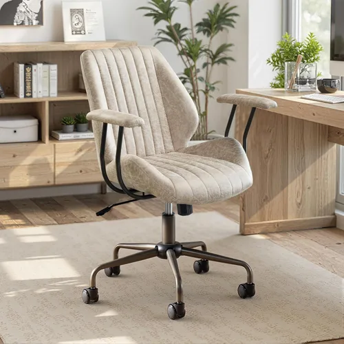 Miniatura 20 de Silla de oficina con 360 ruedas, silla de oficina de mediados de siglo con soporte para el respaldo, silla de escritorio de piel sintética, ángulo