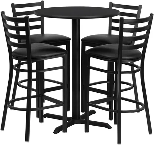 Flash Furniture Juego de mesa redonda laminada negra de 30 pulgadas con base en X y 4 taburetes de metal con respaldo de escalera, asiento de vinilo