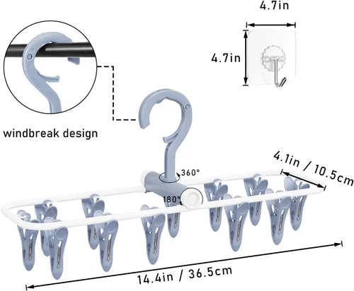 Miniatura 2 de Percha de secado de ropa con 12 clips, paquete de 2 estantes de secado plegables portátiles para colgar, estante plegable de goteo, gancho giratorio