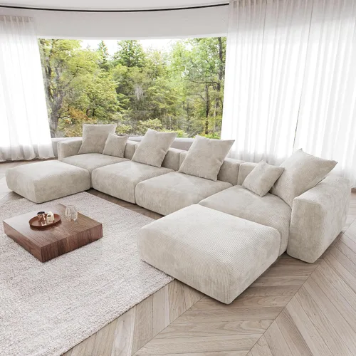Miniatura 27 de JACH Sofás Seccionales de Pana para Sala de Estar, Sofá Seccional Modular con Otomanas Chaise, Fundas de Cojines Removibles, Sofá Cama Moderno