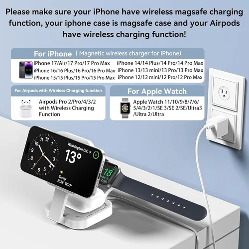 Miniatura 3 de Mini estación de carga plegable 3 en 1 para dispositivos Apple, soporte de cargador inalámbrico para Magsafe para iPhone 17/Air/16/15/14/13/12
