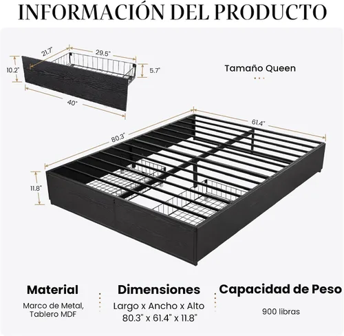 Miniatura 2 de SHA CERLIN Base de cama de plataforma Queen con 2 cajones de almacenamiento grandes, madera rústica y metal, sin ruido, fácil montaje, no necesita