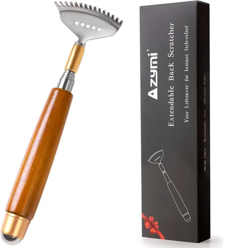 Rascador de espalda, rascador de espalda de metal, mango telescópico de madera con bola de rodillo de acero, garra ancha, herramienta de masajeador