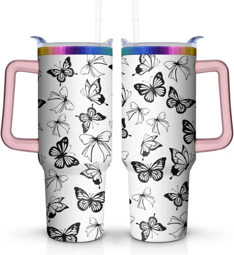 Miniatura 12 de Vaso de 40 onzas con asa de 40 onzas con diseño de mariposa morada con tapa, popote con doble aislamiento, taza de café de viaje, regalo de mariposa