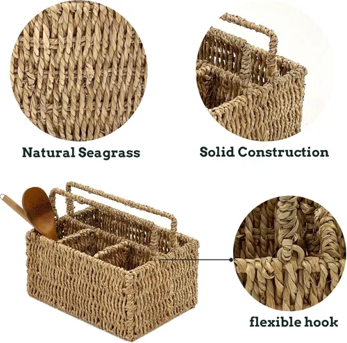 Miniatura 8 de PEMAR Organizador grande de utensilios tejido a mano de tamaño L, soporte de mimbre de yute natural para mesa, juego de cocina, organizador