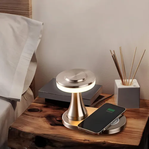 Miniatura 6 de O'Bright - Lámpara de mesa LED portátil con almohadilla de carga inalámbrica, lámpara de noche regulable y recargable, luz ambiental para plateado