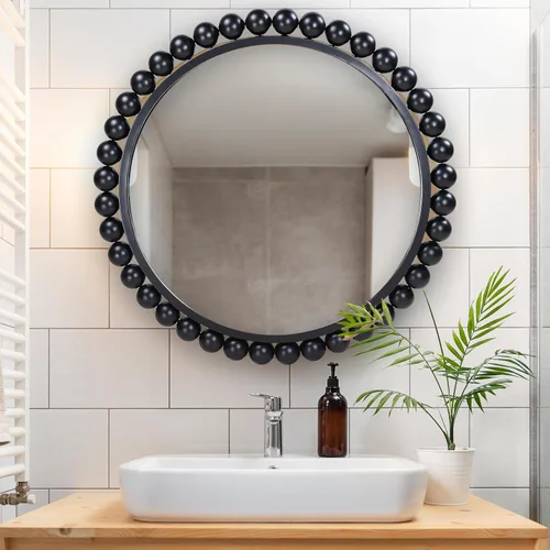 Hamilton Hills Espejo circular negro de 33 x 33 pulgadas, elegante espejo redondo para sala de estar, baño, entrada, decoración de tocador, cuentas