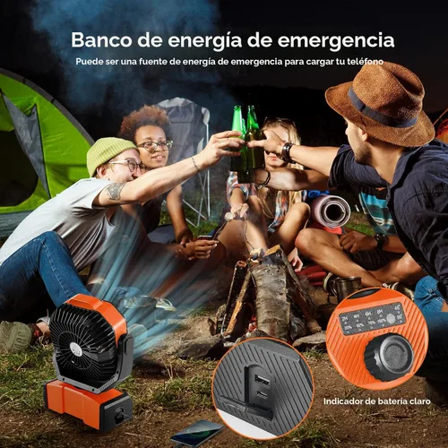 Miniatura 7 de Odoland Ventilador de camping de 40,000 mAh con luz LED, ventilador de escritorio oscilante a batería con control remoto y gancho, ventilador Naranja