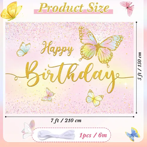 Miniatura 3 de Dandat Telón de fondo de cumpleaños de mariposa de 7 x 5 pies, tema rosa, mariposa dorada, decoración de fiesta, pancarta de poliéster, fondo