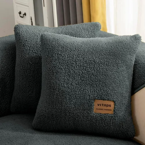 Miniatura 23 de vctops Paquete de 2 fundas de cojín decorativo de forro polar Sherpa de doble cara para sofá, cama y sillón, fundas de cojín de felpa suave y Azul
