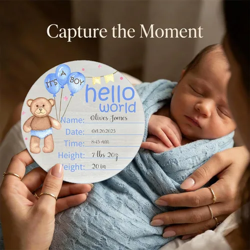 Miniatura 5 de Hello World Birth Announcement - Cartel redondo de madera de abedul para recién nacido, para guardería, hospital, baby shower, placa personalizada