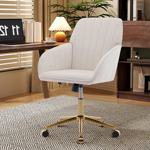Miniatura 2 de Silla de escritorio de oficina de terciopelo con ruedas y base dorada, moderna silla giratoria ajustable, sillas de tocador tapizadas con brazos