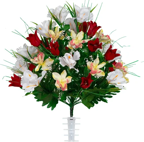 Sympathy Silks Flores de cementerio artificiales - Decoración de tumbas - Tulipanes rojos e iris blancos (1) Ramo Rojo Blanco