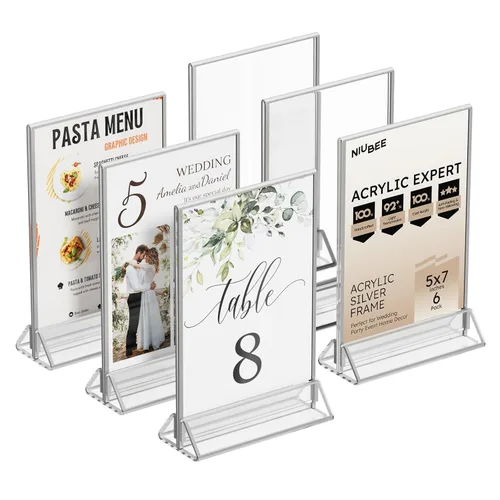 Miniatura 9 de NIUBEE Paquete de 6 soportes de acrílico transparente de 4 x 6 pulgadas con bordes plateados y soporte vertical, soportes de menú de mesa de doble