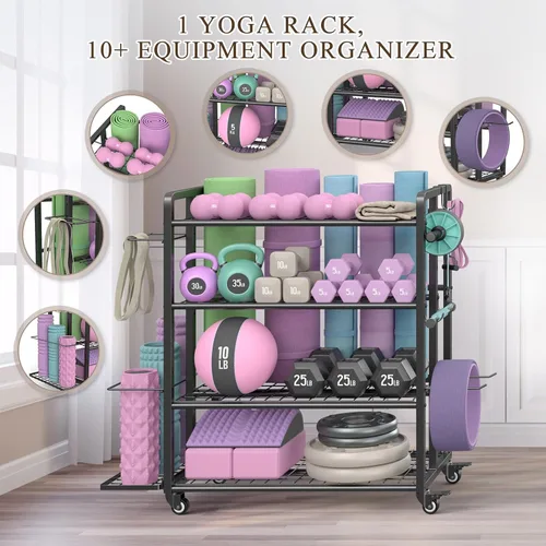 Miniatura 7 de 4-Tier Dumbbell Rack Stand Only, Adjustable Weight Rack for Dumbbells Kettlebells Yoga Mat, Home Gym Storage Rack with Wheels and Hooks, Powder