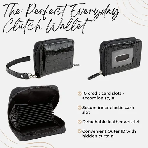 Miniatura 3 de WalletBe - Cartera de cuero para mujer, tarjeta de efectivo RFID de moneda, embrague de acordeón, identificación con cremallera Croco, Negro