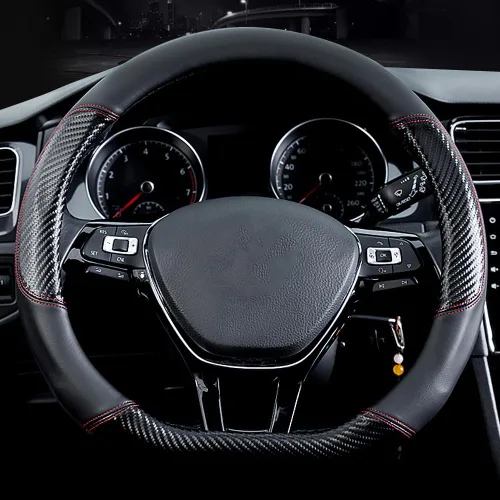Miniatura 2 de HAOTULE Funda de volante de fibra de carbono y cuero en forma de D, elegante funda de cuero antideslizante para automóvil, interior de automóvil