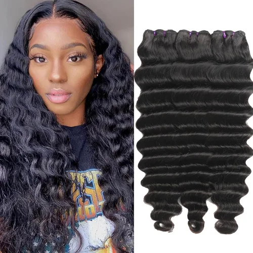 Miniatura 16 de Paquetes de cabello brasileño suelto de onda profunda con cierre, 3 paquetes y cierre de cabello humano de 10, 12, 14+10 pulgadas, 100% sin