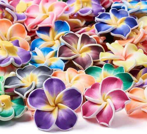 Miniatura 3 de Craftdady 100 cuentas de arcilla polimérica de plumeria de 1.181 x 0.433 in, cuentas espaciadoras florales sueltas mezcladas al azar con 5 pétalos